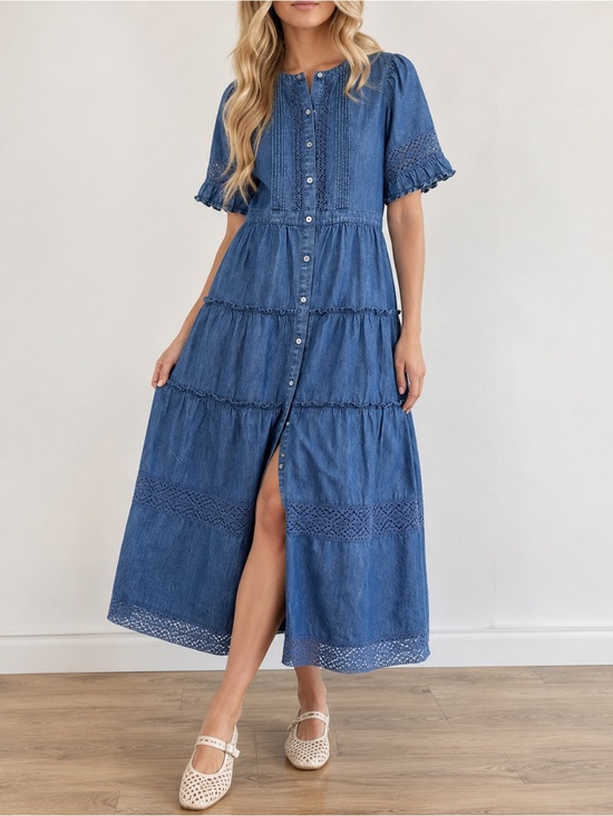 Gap x LoveShackFancy Dresses & Skirts - NWT Gap x LoveShackFancy Denim Tiered Midi Dress L Dark Wash Lace Button Front